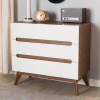 Baxton Studio Calypso-Walnut/White-3DW-Chest Calypso Mid-Century Modern White and Walnut Wood 3-Drawer Storage Chest